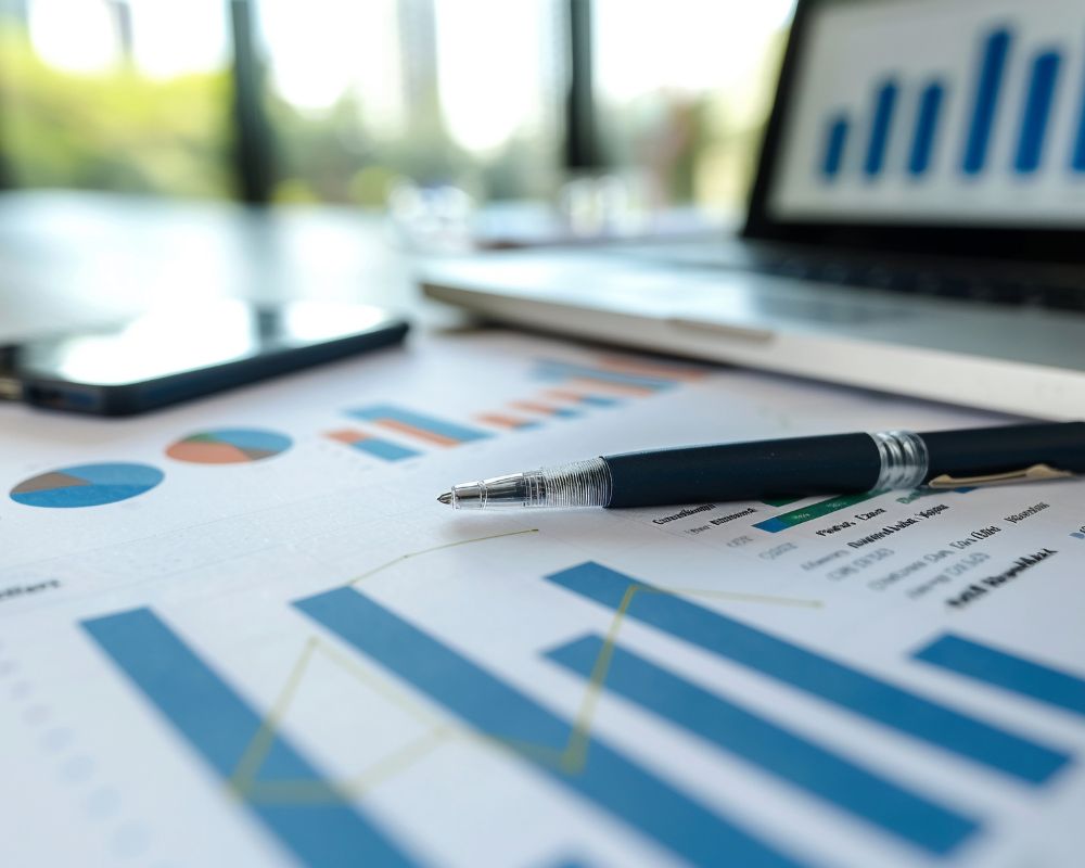 Gráficos financieros impresos con bolígrafo, portátil y smartphone sobre la mesa